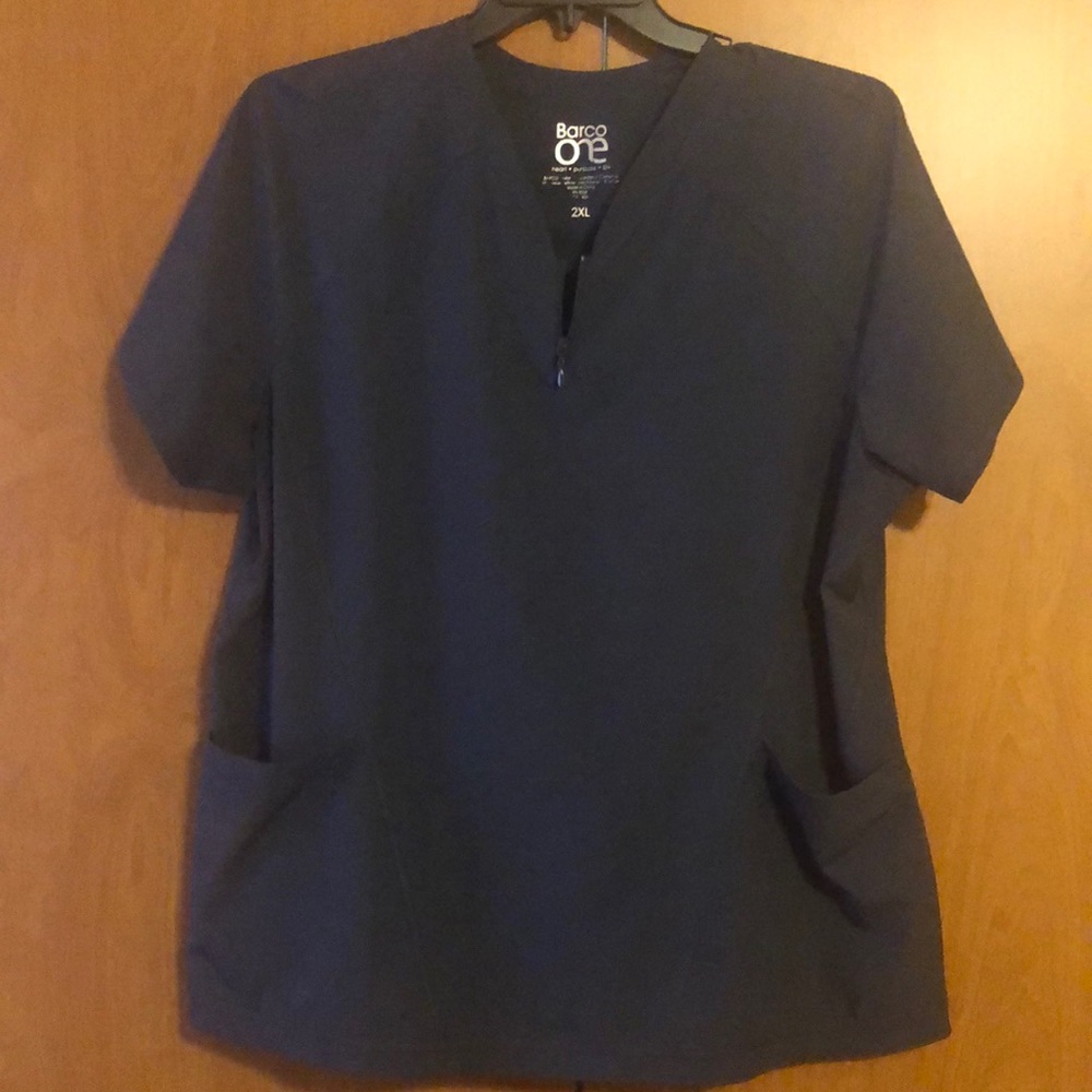 Barco 2 Pocket Zip Neck Short Sleeve Scrub Top Grey 2XL